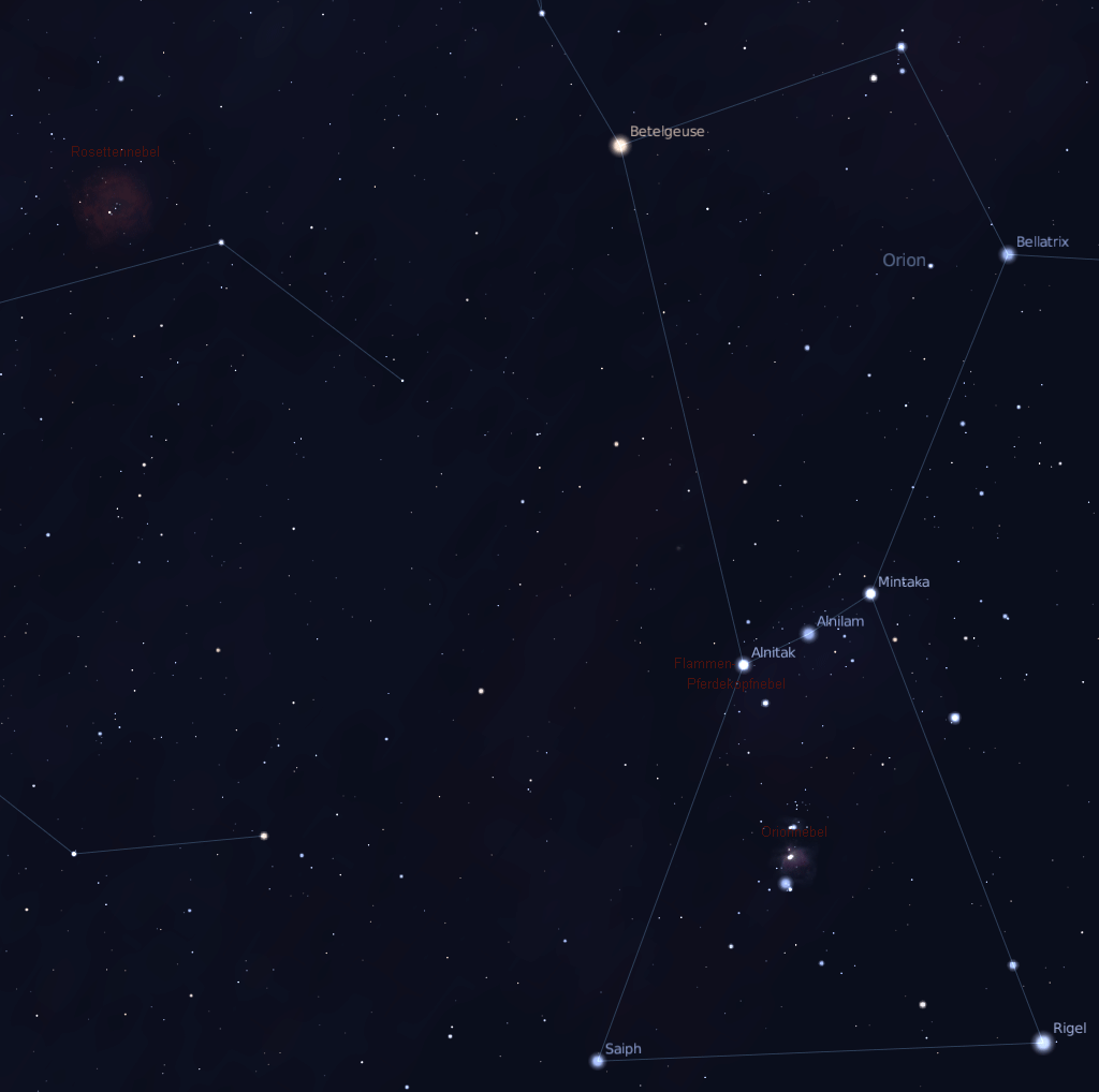 Sternenkarte zum Rosettennebel, Orionnebel, Pferdekopfnebel
